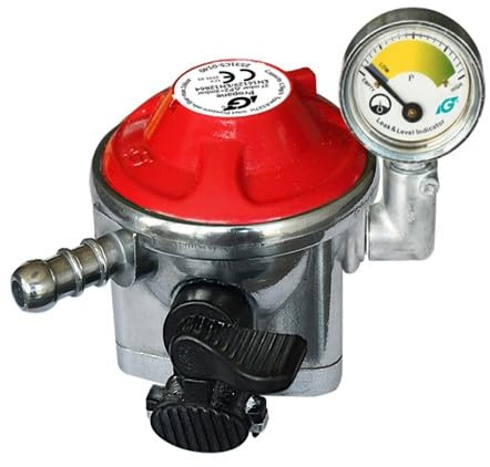 Regulador de gas para patio con clip de 27 mm con manómetro – Regulador de GLP de baja presión de 37 mbar para barbacoa, calentador de patio, cocinas, caravanas y estufas de camping – Se adapta a