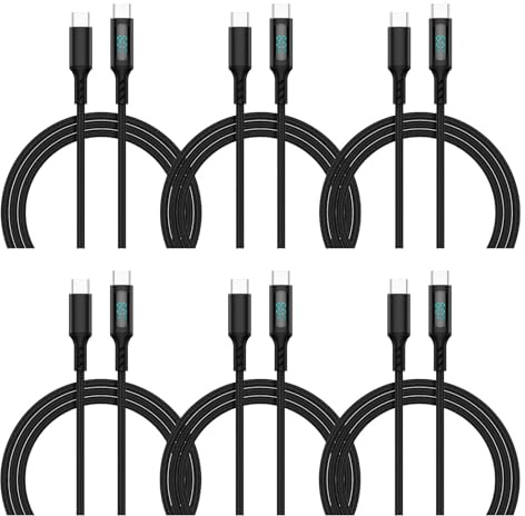 Eaxus USB-C auf USB-C Schnellladekabel 60W | 1m Ladekabel mit LED-Display | Power Delivery | Datenkabel zum Aufladen & Synchronisieren | Schwarz | 6er Set
