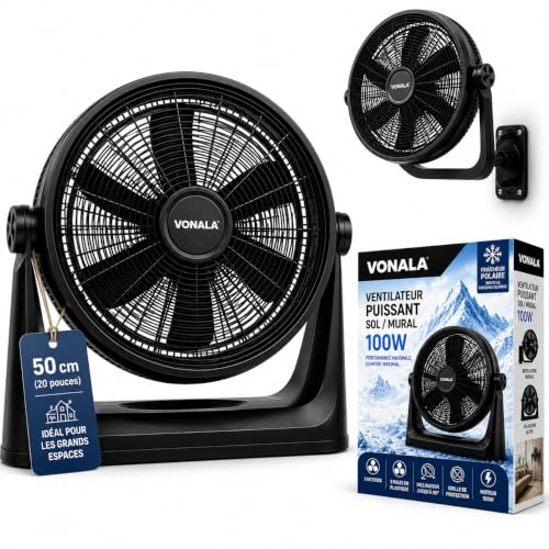 Vonala Ventilatore da pavimento e parete industriale, 100 W, potente 50 cm, silenzioso, ABS, antivibrazione, per esterni e interni, nero, potenti e silenziosi