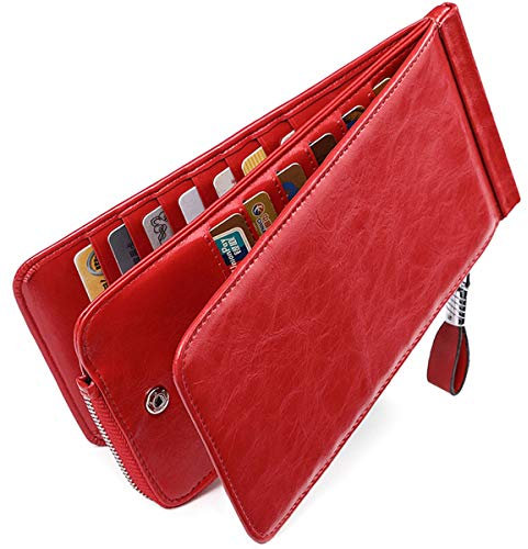 Huztencor Porta Carte Credito Pelle Portafoglio Portamonete Uomo Donna RFID NFC Piccoli Sottile Grande con Cerniera Rosso
