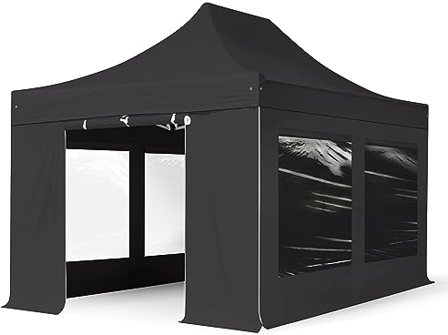 TOOLPORT Faltzelt Professional 3x4,5 m - mit 4 Seitenteilen (Panoramafenster) Faltpavillon ALU Pavillon Partyzelt schwarz