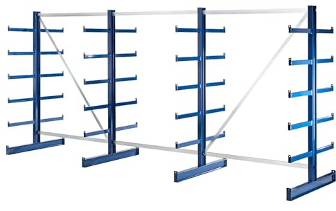 eurokraft pro | Kragarmregal mit identischer Kragarm-Länge | Regallänge 4050 mm, zweiseitig, enzianblau