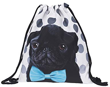 Hanessa Jutebeutel - schwarz-weiß gepunktet mit Mops - mit lustigem Spruch Aufdruck Sportbeutel lustige Sprüche Tüte Rucksack Beutel Tasche Gym Bag Hipster Fashion Sport-Tasche Einkaufs-Tasche