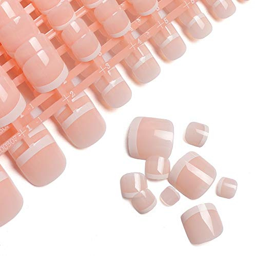 LIARTY 280pcs Artificial Natural French Short False Toe Nails Acrylic Feet Nail Tips Full Cover Fake Toe Nails(12 Different Size)