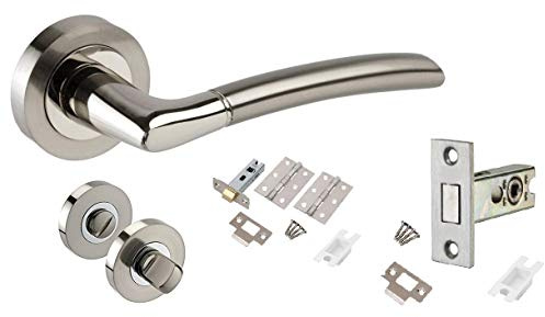 Golden Grace Indiana Bathroom Door Handles Dual Nickel/Chrome Finish | Includes hinges, tubular latch, screws, and a thumb turn spindle for a quick, all-in-one bathroom door upgrade.