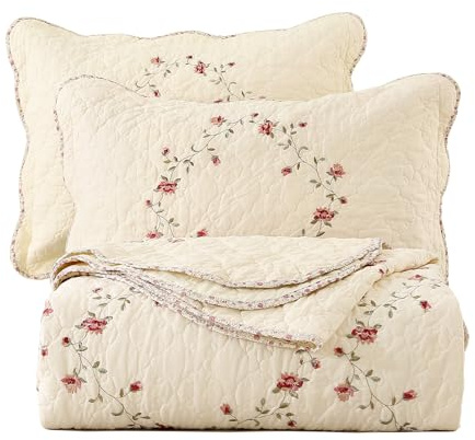 vctops 3-teiliges Elegantes, Besticktes Tagesdecken-Set mit Blumenmuster, 100% Baumwolle, wendbar, Patchwork, 1 Steppdecke und 2 Kissenbezüge, Full/Queen, Blume