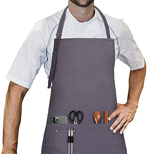 LessMo Schürze, Grillschürze und Kochschürze in Profiqualität mit verstellbarem Nackenriemen Und Mit Zwei Taschen, aus 100% Baumwolle 70 x 85 cm (Dunkelgrau)