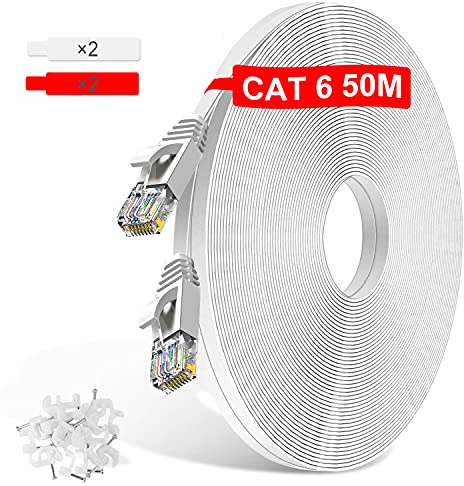 TBMax 50m Ethernet Cable CAT6 Extra Long Network Cable 1Gbps 250MHz High Speed Gigabit LAN Internet Cable Flat Patch Cord with RJ45 Connector for Router/Modem/Switch/PC/Laptop, White