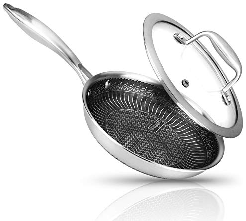 Nutrichef 8 Stainless Steel Frying Pan - Triply Kitchenware Stir Fry Pan Kitchen Cookware w/Dakin Etching Non-Stick Coating, Scratch-Resistant Raised-up Honeycomb Fire Textured Pattern NC3PL8