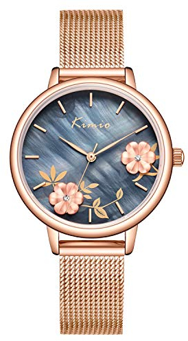rorios Elegant Damen Uhr Analog Quarz Armbanduhr Blumenmuster Zifferblatt mit Edelstahlarmband Mode Uhr für Mädchen Frauen