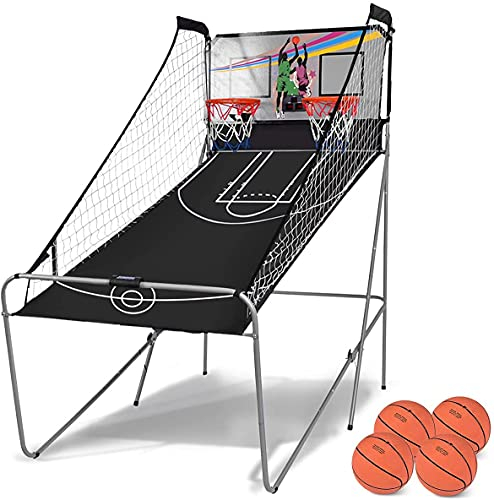 RELAX4LIFE Basketball Automat Elektronisch, Basketball Schießmaschine Klappbar, Baskeltballständer Doppelschuss mit 8 Spielmodi&Anzeigetafel, inkl. 2 Körben, 4 Bällen&Pumpe, Arcade Basketballspiele