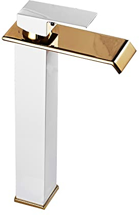 Badezimmer Gefäß Waschbecken Wasserhahn Weiß Gold Wasserfall Einzelgriff Einloch Schüssel Waschbecken Wasserhahn Waschtisch WC Wasserhähne Hohe Bad Deck Montage Waschbecken Wasserhahn