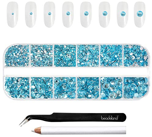 Beadsland 2500pcs Blaues Strass Set, gemischt, 8 Größen, Flatback Edelsteine, runde Kristall Strasssteine zum Basteln mit Pinzette und Stift (Aquamarin)