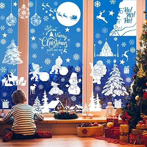 Fensterbilder Weihnachten Selbstklebend, 9 Blatt Weihnachts Fensterbilder, Doppelseitiger PVC Weihnachtsdeko Fenster mit Weihnachtsmann, Weihnachtselch, schneeflocken,Schneemann