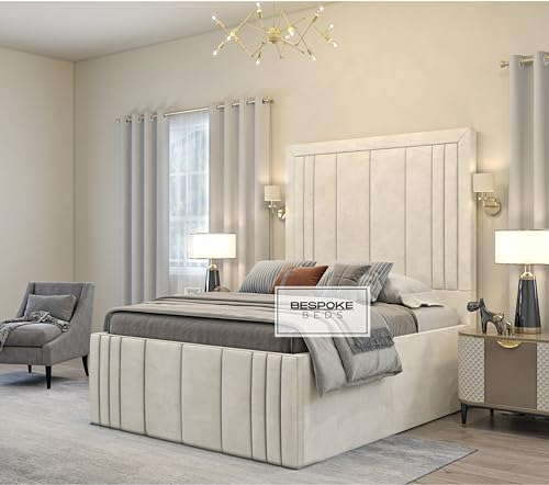 BESPOKE BEDS Upholstered Bed Frame, Ottoman Storage Bed Frame, Plush Velvet Bed Frame With Storage, Double King,Super King Bed Frames (Cream Plush Velvet, 5FT KING)