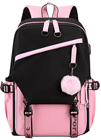 SellerFun Teenage girls' Backpack Middle School Students Bookbag Outdoor Daypack With USB charge Port (5# Pink, 19 Liters)