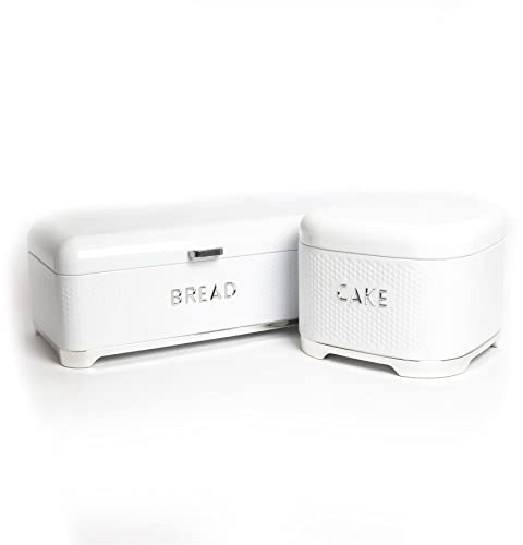 LOVELLO KitchenCraft Set of Gift-Tagged Ice White Textured Cake Tin 26x26x19cm, Bread Bin 42x22x19cm