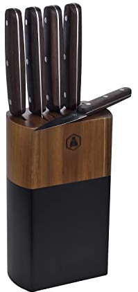 LAGUIOLE - 40269023, 5-teiliges Set, Küchenmesser-Set, Edelstahl-Set, Titan, mit Akazienholz-Block, Kochmesser, Brot, Kelle, Fleisch, Fisch, schwarze Klinge