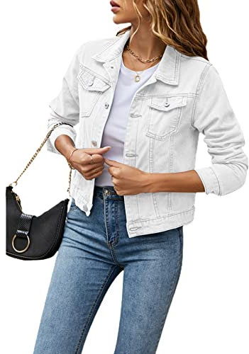 Geagodelia Women's Denim Jacket Ladies Vintage Short Jean Jackets Button Down Sweatshirt Y2K Aesthetic Top UK Spring Summer Autumn (White, M)