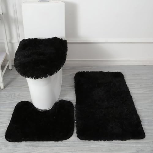 Eanpet Black Bathroom Rugs Sets 3Piece Bath Mat Solid Bath Rug Floor Mats Washable Shower Rug with U-Shaped Contour Rug Toilet Lid Cover