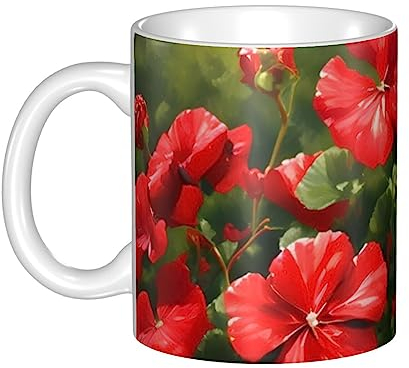 FInpan Rote Geranien Porzellan-Kaffeetasse – Kaffeeliebhaber-Geschenk für Ehefrau, Mutter, 330 ml, geeignet für Kaffee, Tee, heißen Kakao.