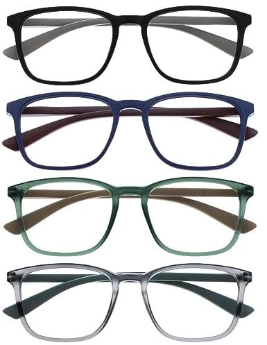 OPULIZE Max Lesebrille 4 Pack - Klassische große rechteckige Fassung - Brillen in mattem Schwarz, Blau, Grün & Grau - Herren Damen Unisex - RRRR78-1367 - +3,00