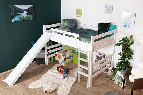 Steiner Shopping Großes weißes Hochbett mit Rutsche 120 x 200 cm, Buche Massivholz Weiß lackiert, umbaubar in EIN Einzelbett, Easy Premium Line K31/n