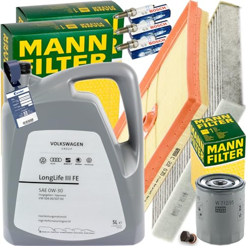 Mann Inspektionspaket+5L 0W30 Motoröl | CUK26009+C22035+W712/95+518.471.021+0241145523+Öl passend für Golf 7 1.0TSI