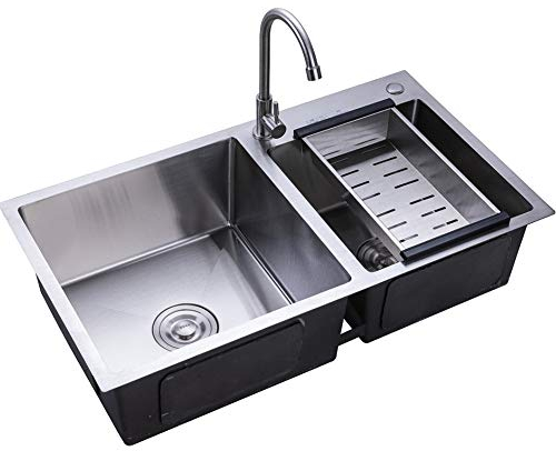 BAOCHADA Fregadero de 2 cuencos, de acero inoxidable, doble lavabo de acero inoxidable 304, fregadero de cocina doble, fregadero de cocina con escurridor, dispositivo de drenaje, filtro de residuos,