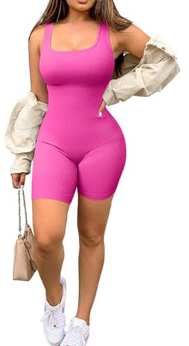 MAYROUND Combinaison de sport pour femme - Short côtelé sans couture - Col carré - Sans manches - Une pièce - Pour le sport et le yoga, rose vif, M