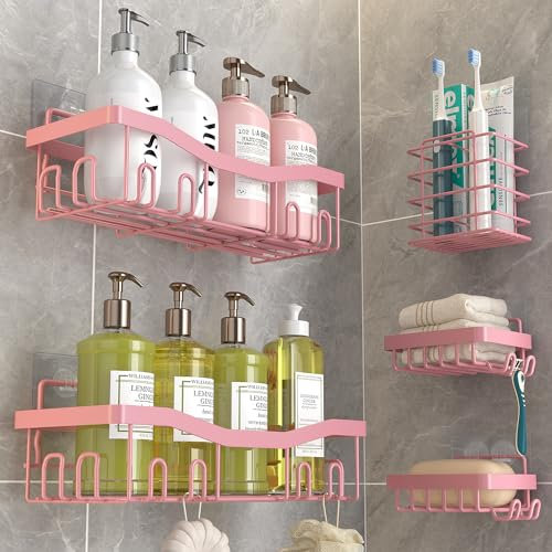 Youvip Lot de 5 étagères adhésives pour Douche sans perçage, étagères antirouille avec Porte-Savon et Porte-Brosse à Dents, Accessoires de Salle de Bain Rose