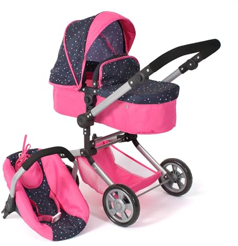 Bayer Chic 2000® 3in1 Kombi Puppenwagen Linus - Konfetti Pink- faltbar, höhenverstellbarer Griff 47-78 cm, mit Autositz – Puppen bis 52 cm, 4-8 J.