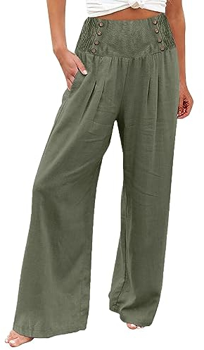 Leinenhose Damen Sommer Freizeithose Leinen Leicht Casual Yogahose Einfarbig Elegant Palazzo Hose Weites Bein Hose Baumwolle Bequeme Stoffhose Hohe Taille Strandhose mit Taschen(#C Army Green,L)