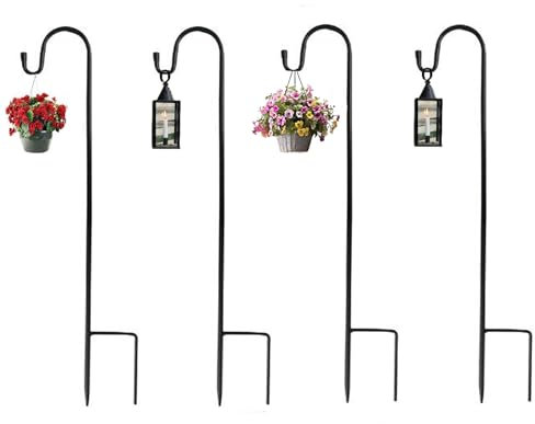 Alytimes Shepherd's Crooks, Height Adjustable Festoon Pole, 80.5 CM/31.6 in Garden Lantern Shepherd's Hook with Base for Hanging Basket Stand, Patio, 4 Sections Stitched (Black) (4)