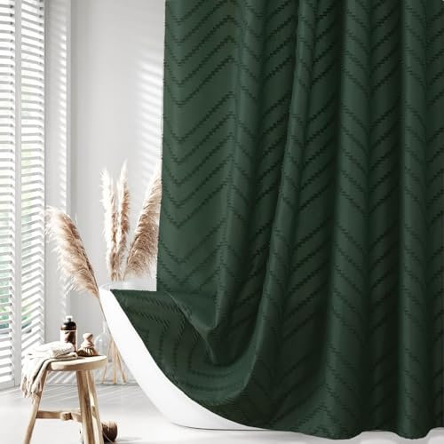 Duschvorhang, extra lang, Boho-Duschvorhang, gewebter Stoff, getuftet, Chevron, strukturiert, minimalistisch, für Badezimmer, 213 cm, Dunkelgrün