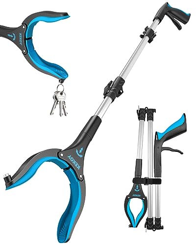 KEKOY Pince Telescopique Ramasse Objet 81 cm pour Seniors, Outil de Ramassage Pliable avec Mâchoire Antidérapante Rotative à 360°, Pince Ramasse Objet 4 avec Aimant (Bleu Ciel, 1 Pièce)