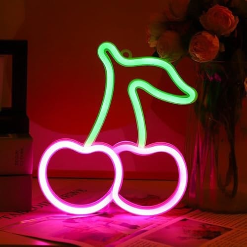 Mineup Cherry Neon Light, Pink Neon Wall Light, Cherry Neon Sign, LED Signs Cherry Neons Light Signs, Fruit Neons Lamp Sign, USB/Battery Powered Neons Night Light for Bedroom, Party, Christmas Decor
