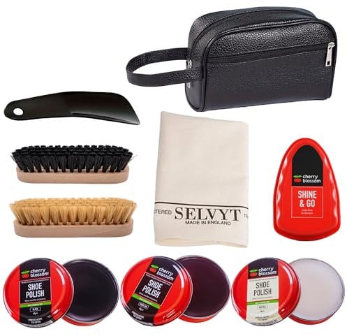 SupremeSelects Premium Shoe Polish Kit-Leather Case Bundle with Cherry Blossom Black, Dark Tan & Neutral Polish, Shine & Go Sponge, Shoe Care Brush Set,Shoe Horn & Selvyth Polishing Cloth SR