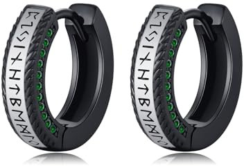 ZIPPICE Wikinger Creolen 925 Sterling Silber Wikinger Rune Schwarz Sleeper Ohrringe Unisex Creolen Wikinger Schmuck für Männer Frauen(Grün)