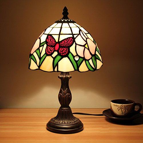 Faucet 8 inch red Butterfly Pastoral Antique Luxury Tiffany Handmade Glass Table lamp Bedside Bed Room water-tap