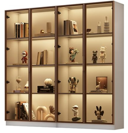 soges 2er-Set Glasvitrine mit 16-Farbiger LED-Beleuchtung, Vitrine mit verstellbaren Einlegeböden, freistehender Hochschrank für Wohnzimmer oder Badezimmer, 80 x 40 x 160 cm (einzeln)