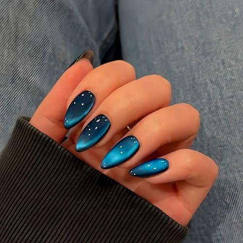 Dark Blue Cat Eye False Nails, SXVME Glitter Press on Nails Medium Almond, Sparkly Shiny Black Fake Nails Natural, Cute Bling Acrylic Nails for Women Daily Wear, 30 Pcs