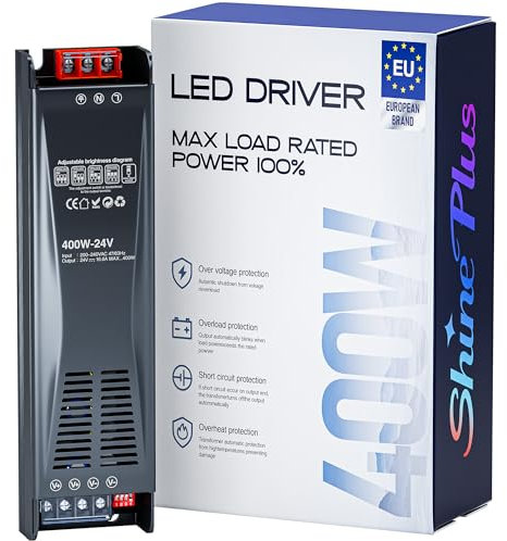 Shine Plus Alimentatore LED 24V 400W Trasformatore 220V AC a 24V DC per Progetti di Illuminazione LED, Alimentatore Dimmerabile Slim con Soft-Start, Alta Protezione e Lunga Durata