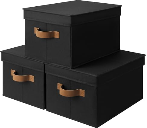 StorageWorks Aufbewahrungsboxen mit Deckel, Aufbewahrungskisten mit PU-Griffen, Stoffboxen für Schrank, Regale, stapelbare Ordnungsboxen mit Deckel, für Kleidung, Spielzeug, schwarz, groß, 3 Stück