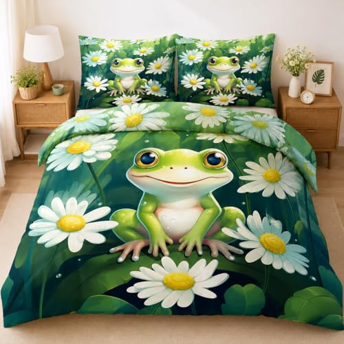 CCZM Frosch Bettwäsche 135x200 - Gänseblümchen Bettbezug 135 x 200 - Aquarellblumen Cartoon-Tiere Wendebettwäsche und 2 Kissenbezug 80x80, Warm Mikrofaser Bettwäsche-Sets mit Reißverschluss, Y-607