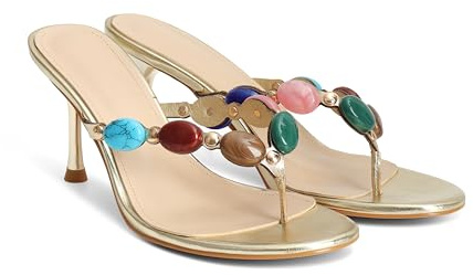 MAIJED Jeweled Flip Flop Kitten Heels for Women Open Toe Beaded Strappy High Heels Sandals Slip On Thong Heeled Mules Mid Heel Fashion Party Dress Shoes Gold US7.5