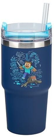 Paladone Minecraft Gamer-Thermobecher mit Trinkhalm, wärmegedämmt, offiziell lizenzierte Wasserflasche für heiße und kalte Getränke, Tee, Kaffee, Geschenk für Jungen, 600 ml, Blau