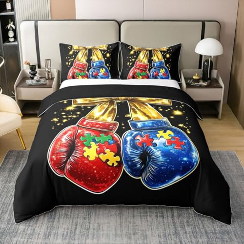 Homewish 100% Baumwolle Bettbezug Boxen Bettwäsche Set 135x200 Sport Geschenke Tröster Abdeckung für Männer Jungen Liebhaber Erwachsene Kampf Wettbewerb Boxerei Bett Set Blaue und Rote Boxhandschuhe