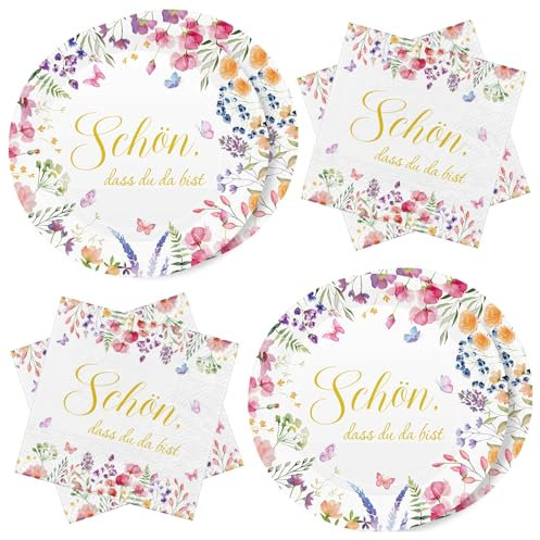 WenmthG 40 Stück Servietten Pappteller Hochzeit Deko - Blumen mit Spruch Schön dass du da bist - Servietten 3-Lagige weich, Pappteller wasserdicht - Tischdeko für Hochzeit, Frühling, Taufe, Sommer