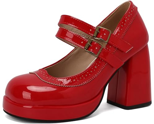 Gicoiz Brogue Mary Jane Damen Lack Runde Zehen Pump